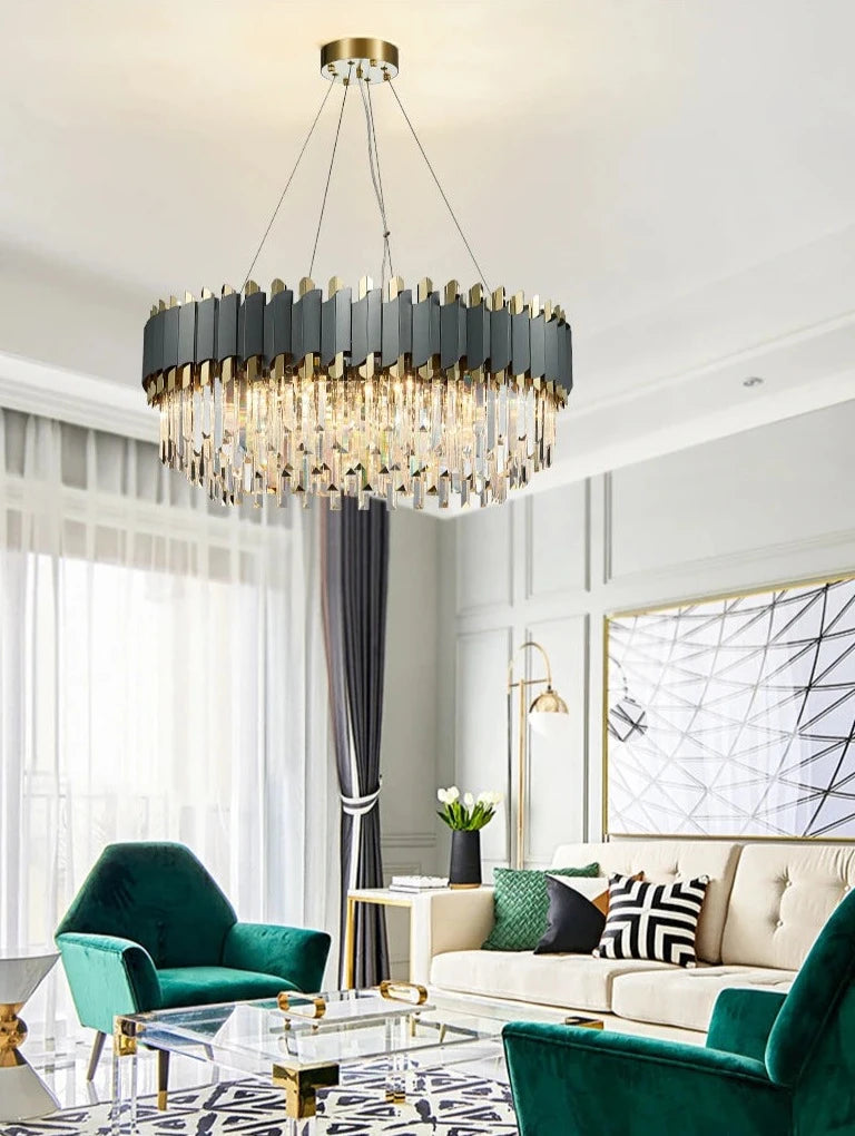 Creative Led Drum Gold/Black Crystal Hanging Lighting For Living Room, Dining Room