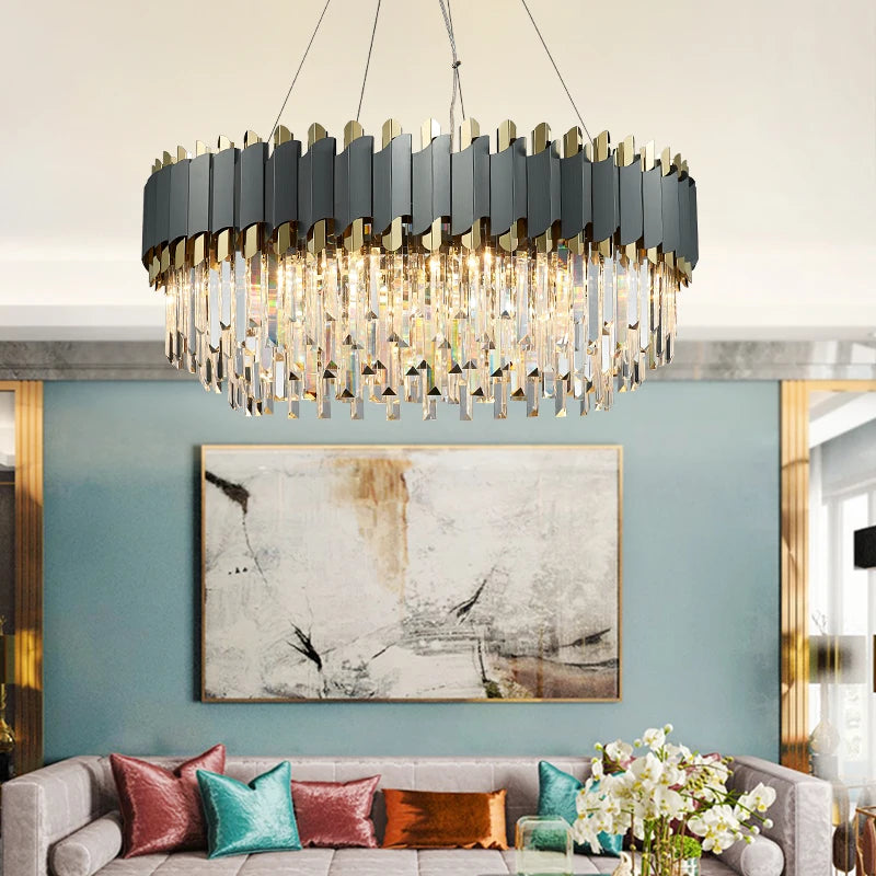 Creative Led Drum Gold/Black Crystal Hanging Lighting For Living Room, Dining Room