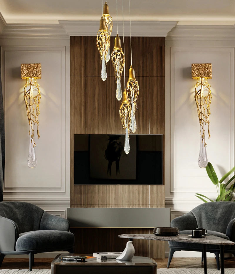LERU Crystal Chandelier in Copper and Brass with Glass Drops