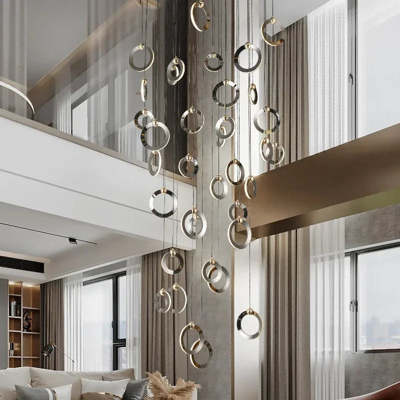 Viola LED Chandelier with Black Aluminum Rings for Stairs