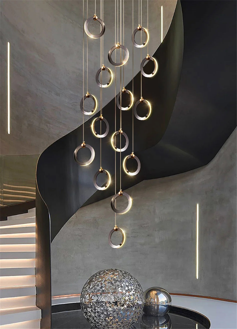 Viola LED Chandelier with Black Aluminum Rings for Stairs
