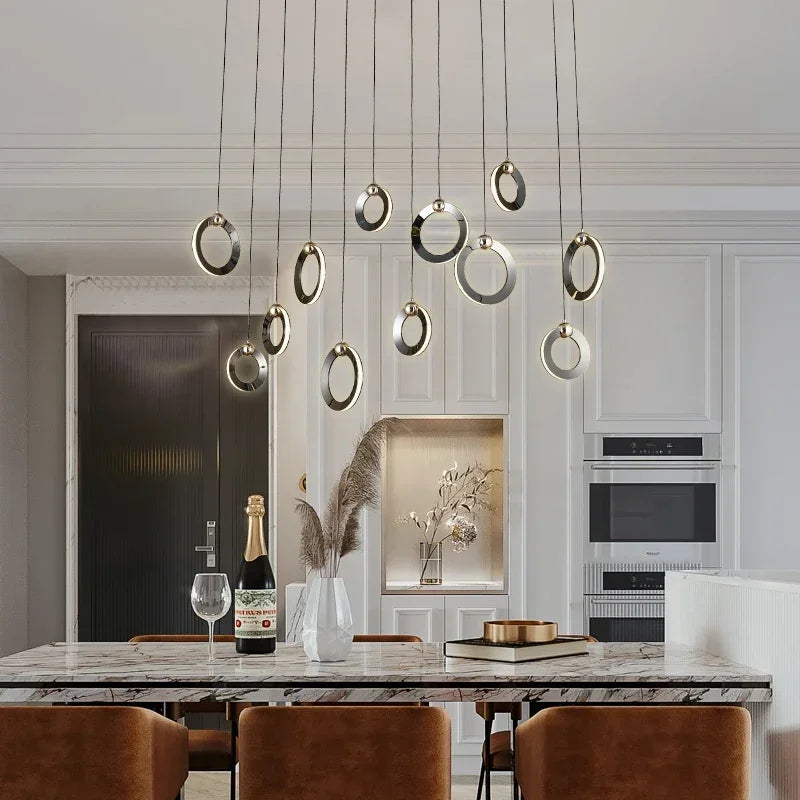 Viola LED Chandelier with Black Aluminum Rings for Stairs