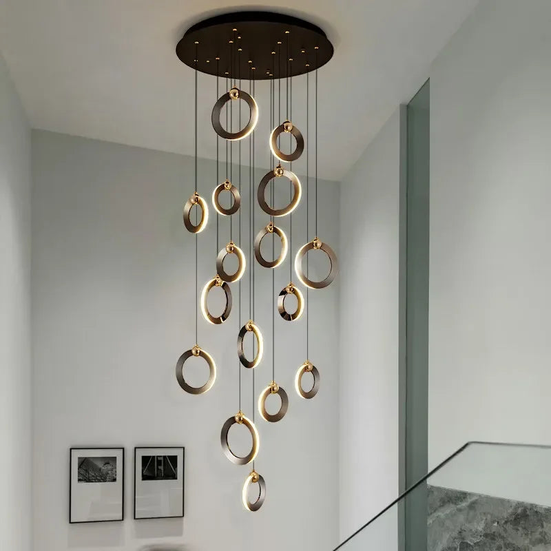 Viola LED Chandelier with Black Aluminum Rings for Stairs