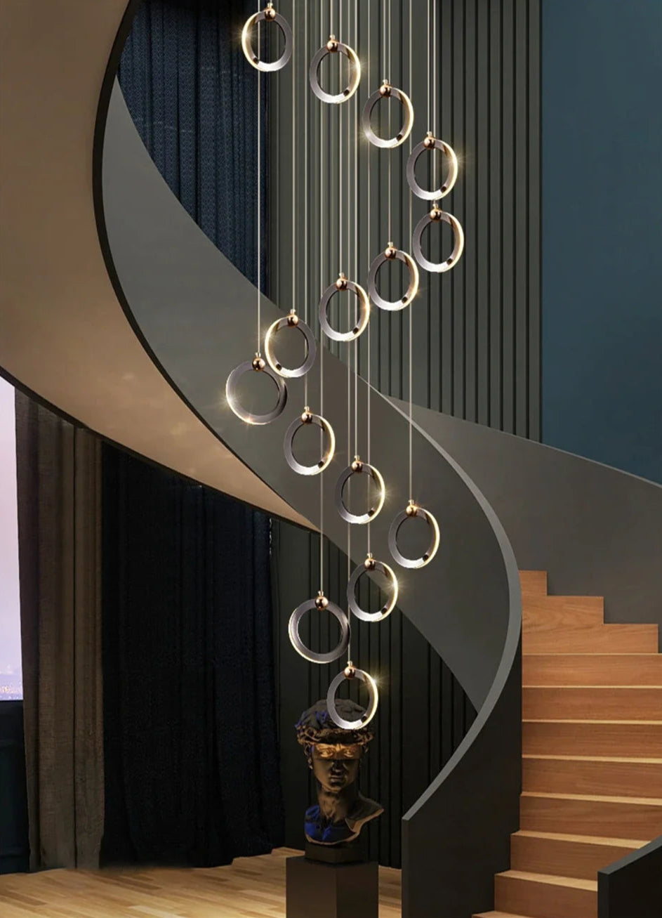 Viola LED Chandelier with Black Aluminum Rings for Stairs