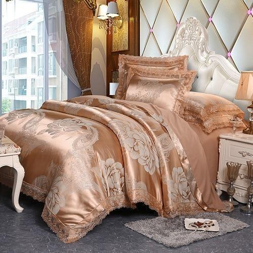 Fateena Silver Brown Luxury Satin Cotton Lace Duvet Cover Set - Creating Coziness