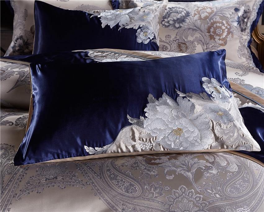 Impero Blue Silver Silk Cotton Jacquard Luxury Chinese Duvet Cover Set - Creating Coziness