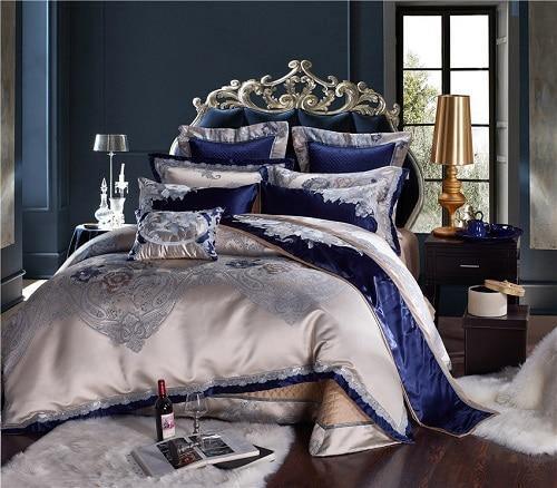 Impero Blue Silver Silk Cotton Jacquard Luxury Chinese Duvet Cover Set - Creating Coziness